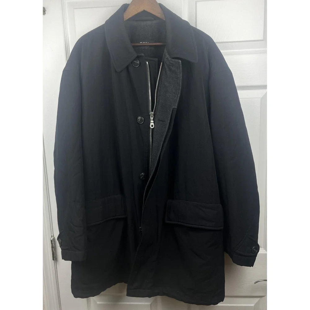 Hugo Boss Coat Mens 54 XL Black Wool Blend SIMA-W Made Portugal Detachable Liner